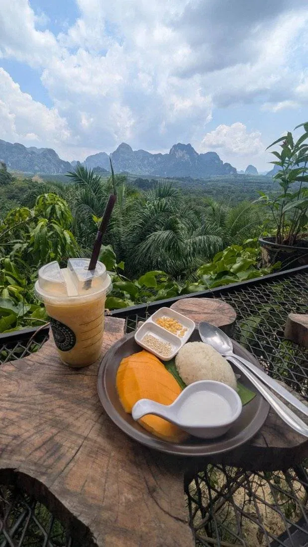 Mango sticky Rice und ein frischer Shake über den Palmen im Jungle von Krabi